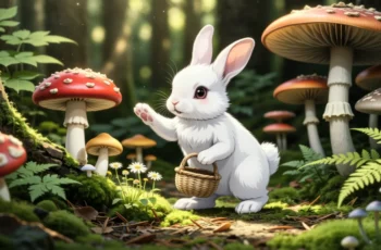 The little rabbit goes mushroom picking.