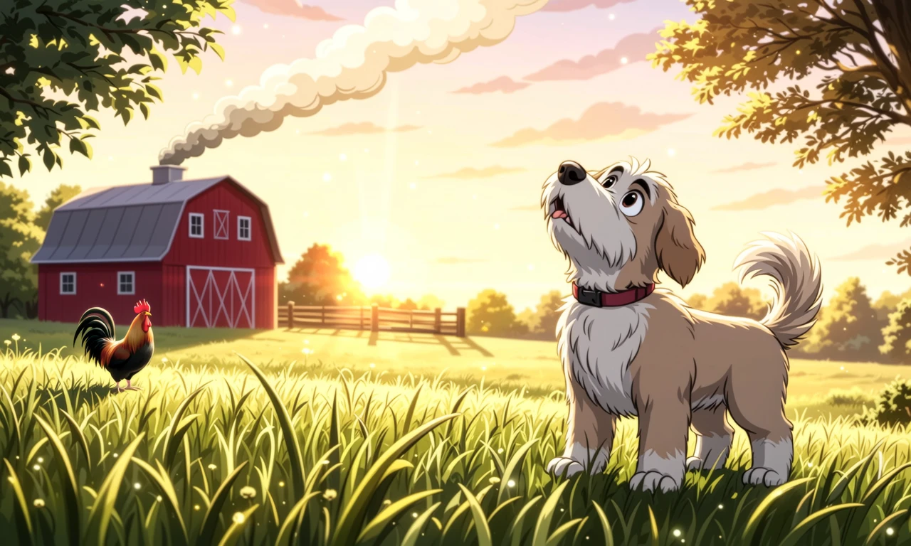 The little dog tries to imitate the crowing of a rooster.